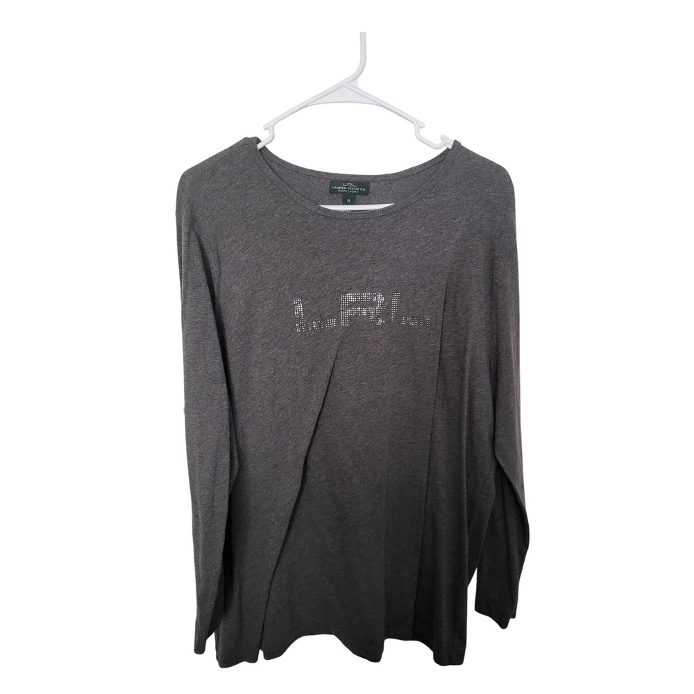 Lauren Ralph Lauren Long Sleeve Top Womens 1X Gray Rhinestone Logo LRL Cotton